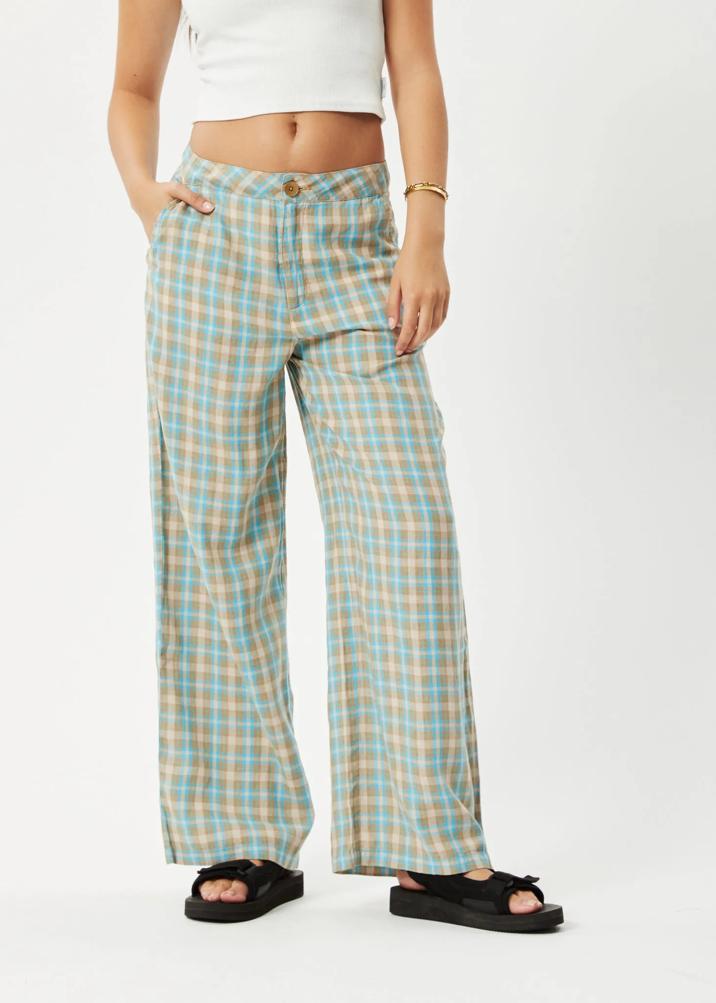 AFENDS Womens Millie Sienna - Wide Leg Pants - Tan Check