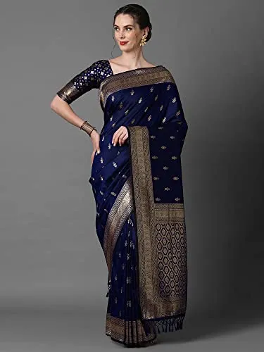 AKHILAM Women's Banarasi Silk Blend Woven Design Golden zari Work Saree With Unstitched Blouse Piece (Navy Blue_2PAKHI4103E)