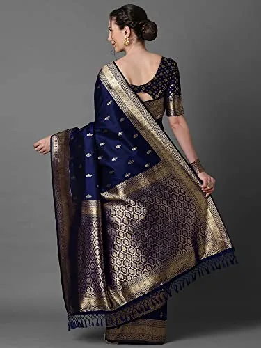 AKHILAM Women's Banarasi Silk Blend Woven Design Golden zari Work Saree With Unstitched Blouse Piece (Navy Blue_2PAKHI4103E)