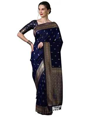 AKHILAM Women's Banarasi Silk Blend Woven Design Golden zari Work Saree With Unstitched Blouse Piece (Navy Blue_2PAKHI4103E)