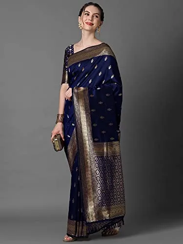 AKHILAM Women's Banarasi Silk Blend Woven Design Golden zari Work Saree With Unstitched Blouse Piece (Navy Blue_2PAKHI4103E)