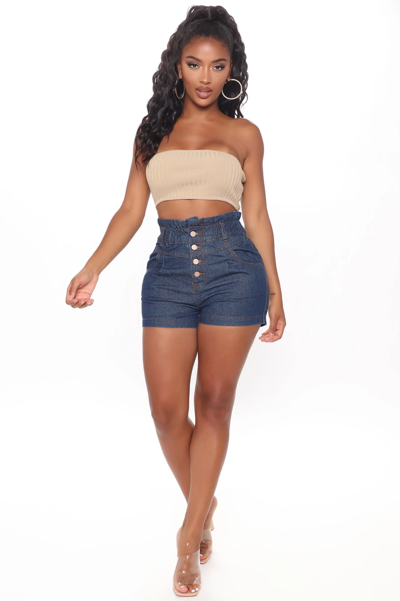 Alaina Paperbag Waist Denim Shorts - Dark Denim