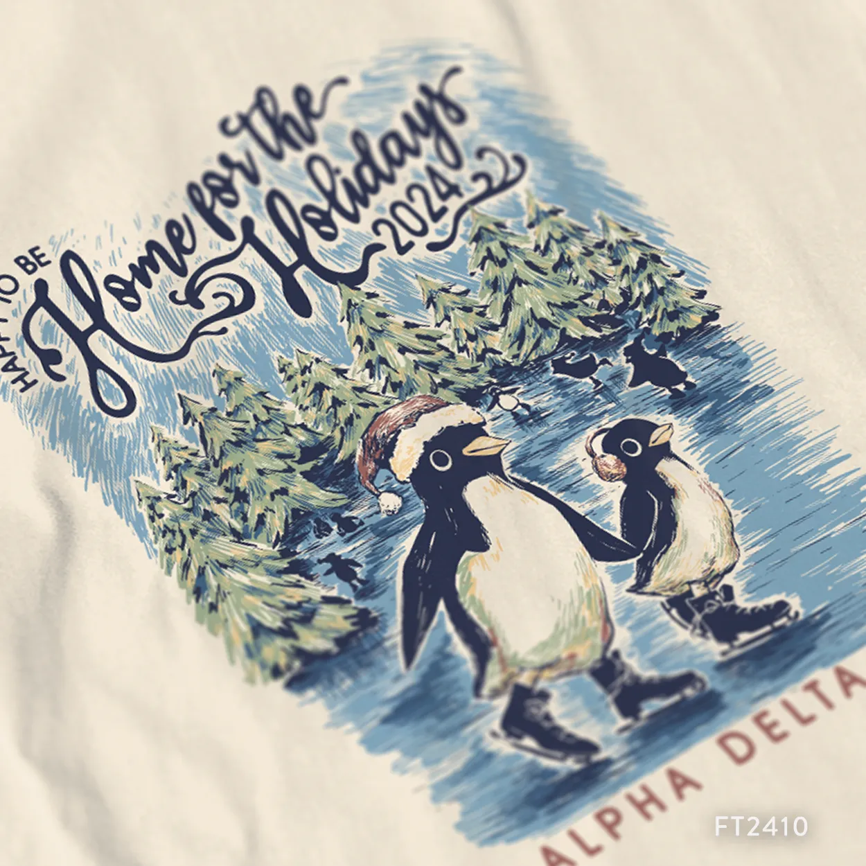 Alpha Delta Pi Ice Skating Penguin Home for the Holidays T-Shirt Design