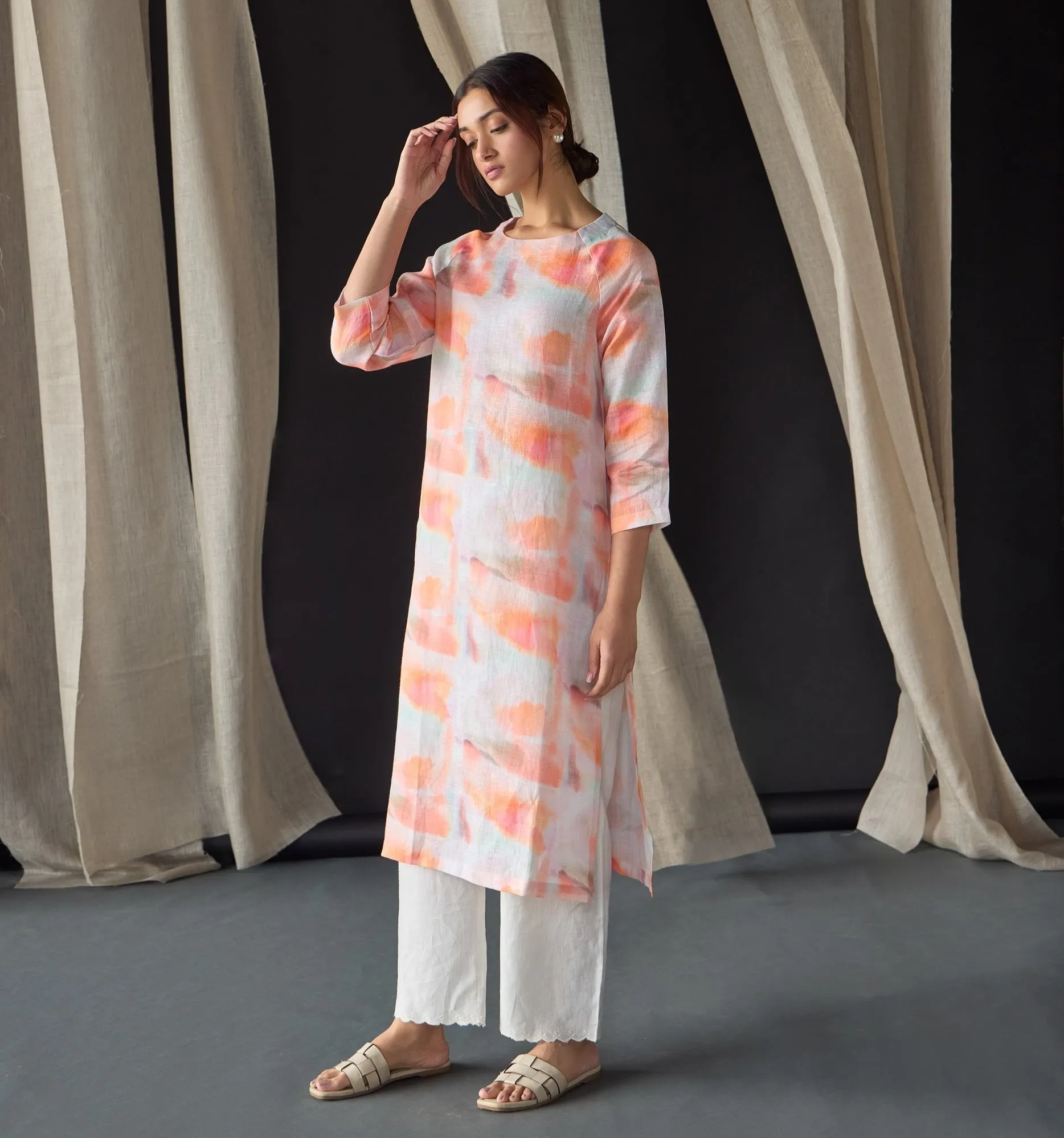 Apricot Linen Kurta Set