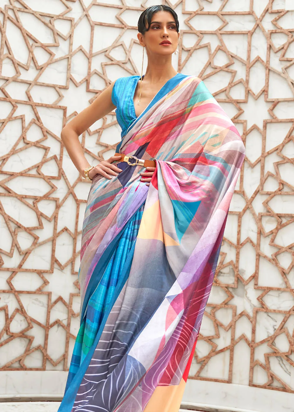 Azure Blue Digital Printed Crepe Silk Saree