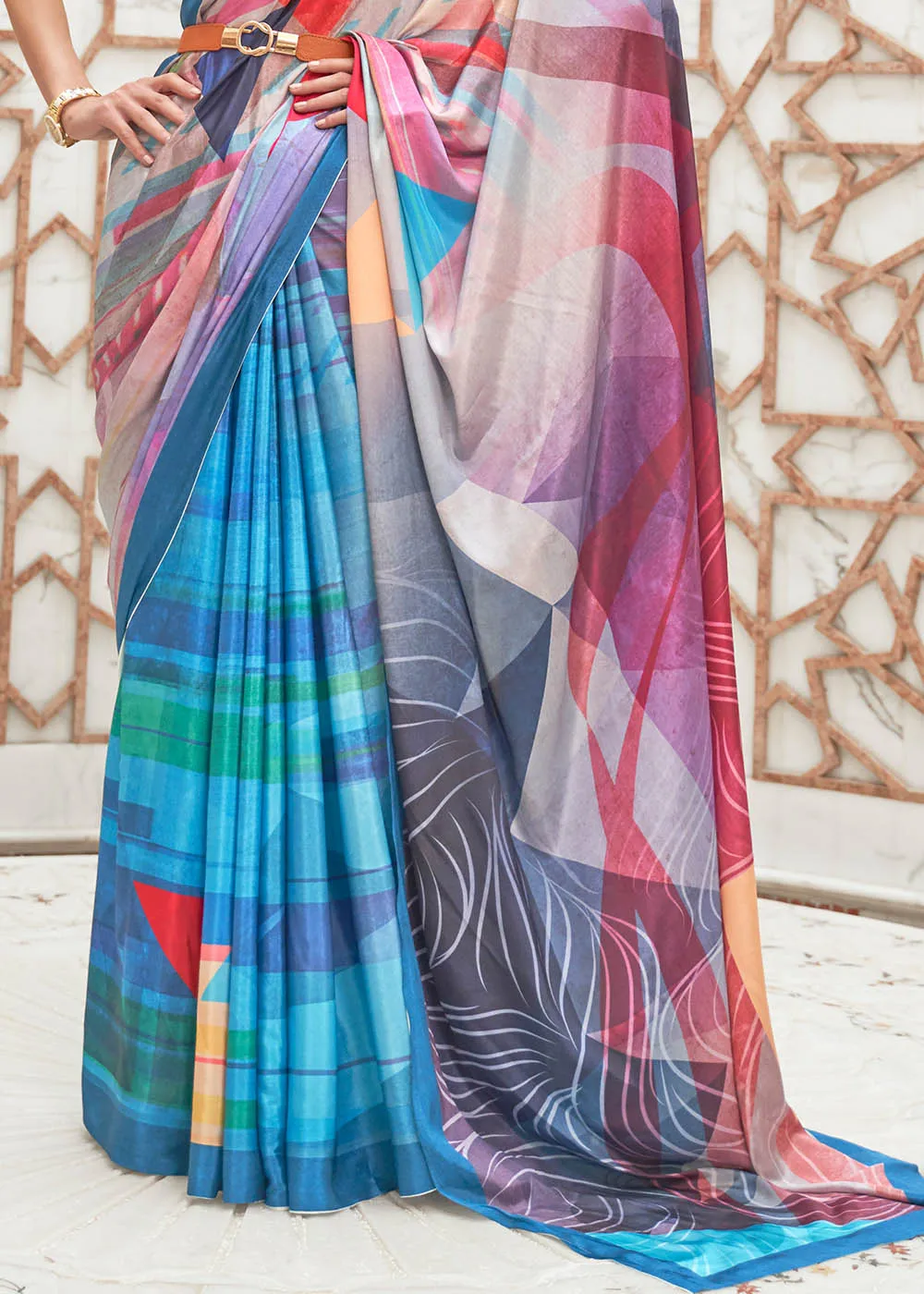 Azure Blue Digital Printed Crepe Silk Saree