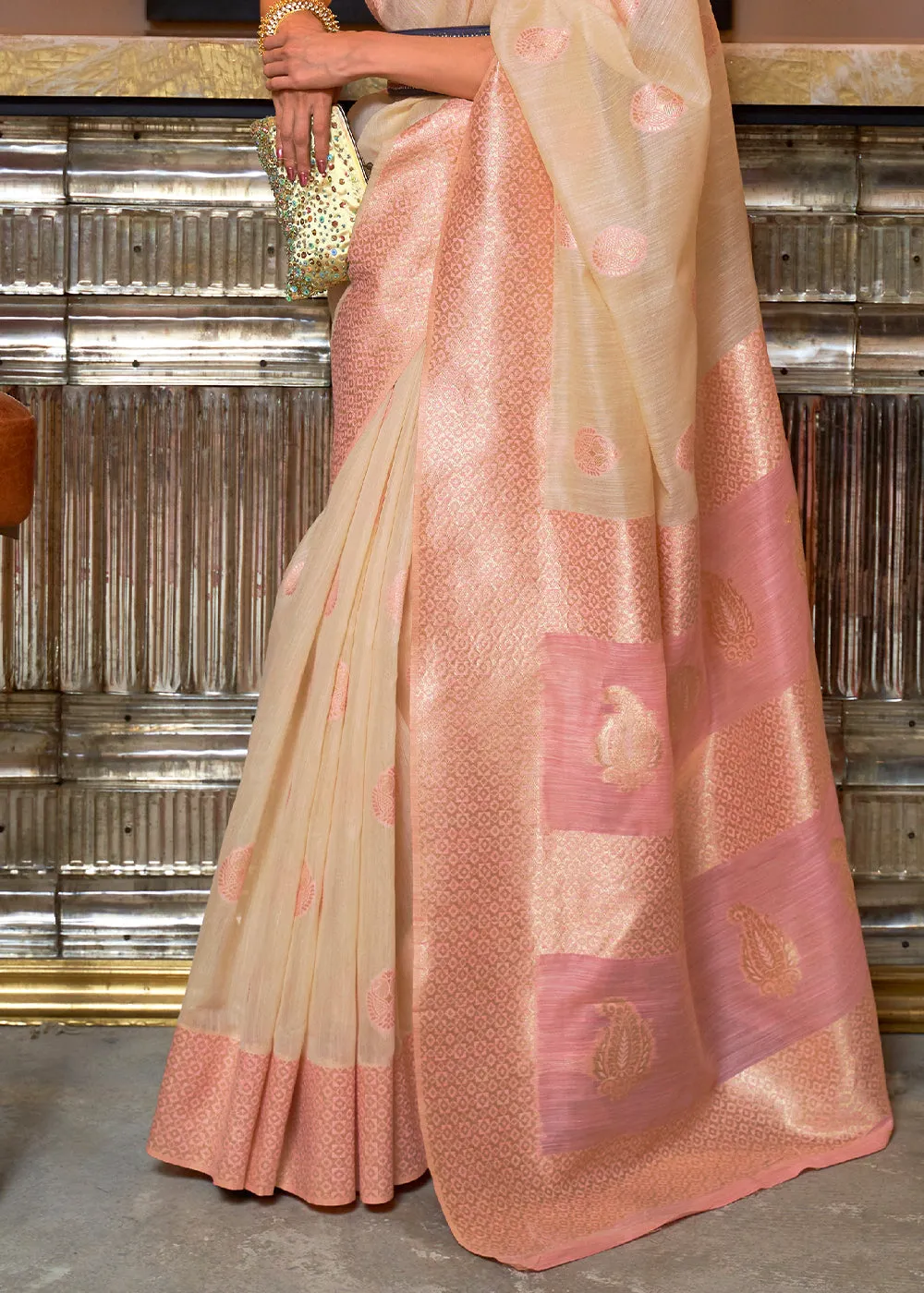 Beige Brown Woven Linen Silk Saree with Contrast Border & Pallu