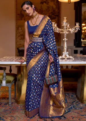 Berry Blue Copper Zari Woven Banarasi Khaddi Silk Saree