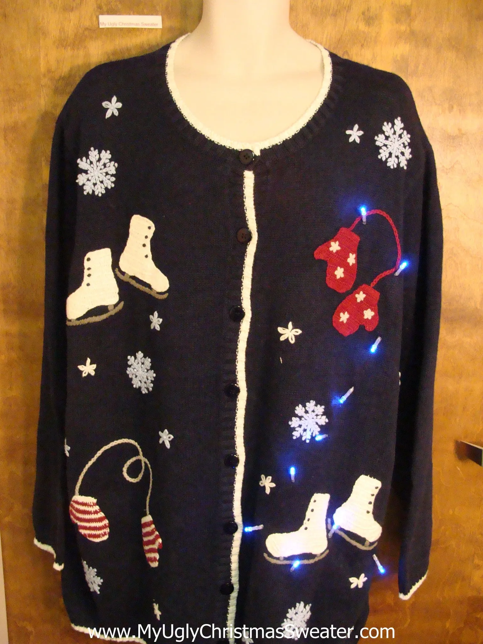 Big Size Ice Skates and Mittens Cute Christmas Sweater with Lights