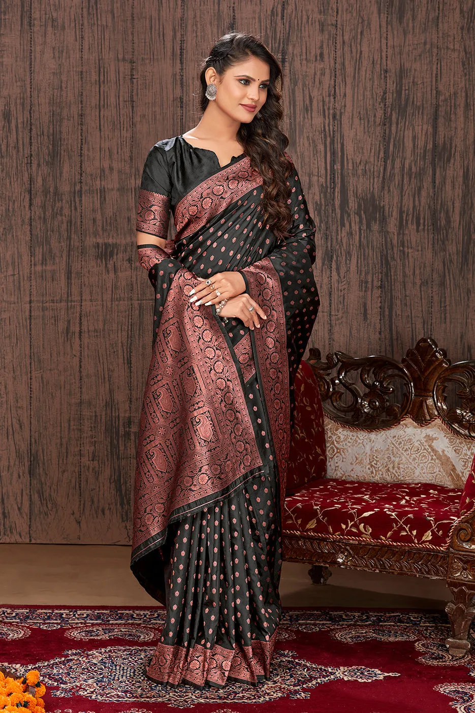 Black Color Banarasi Silk Zari Work Saree