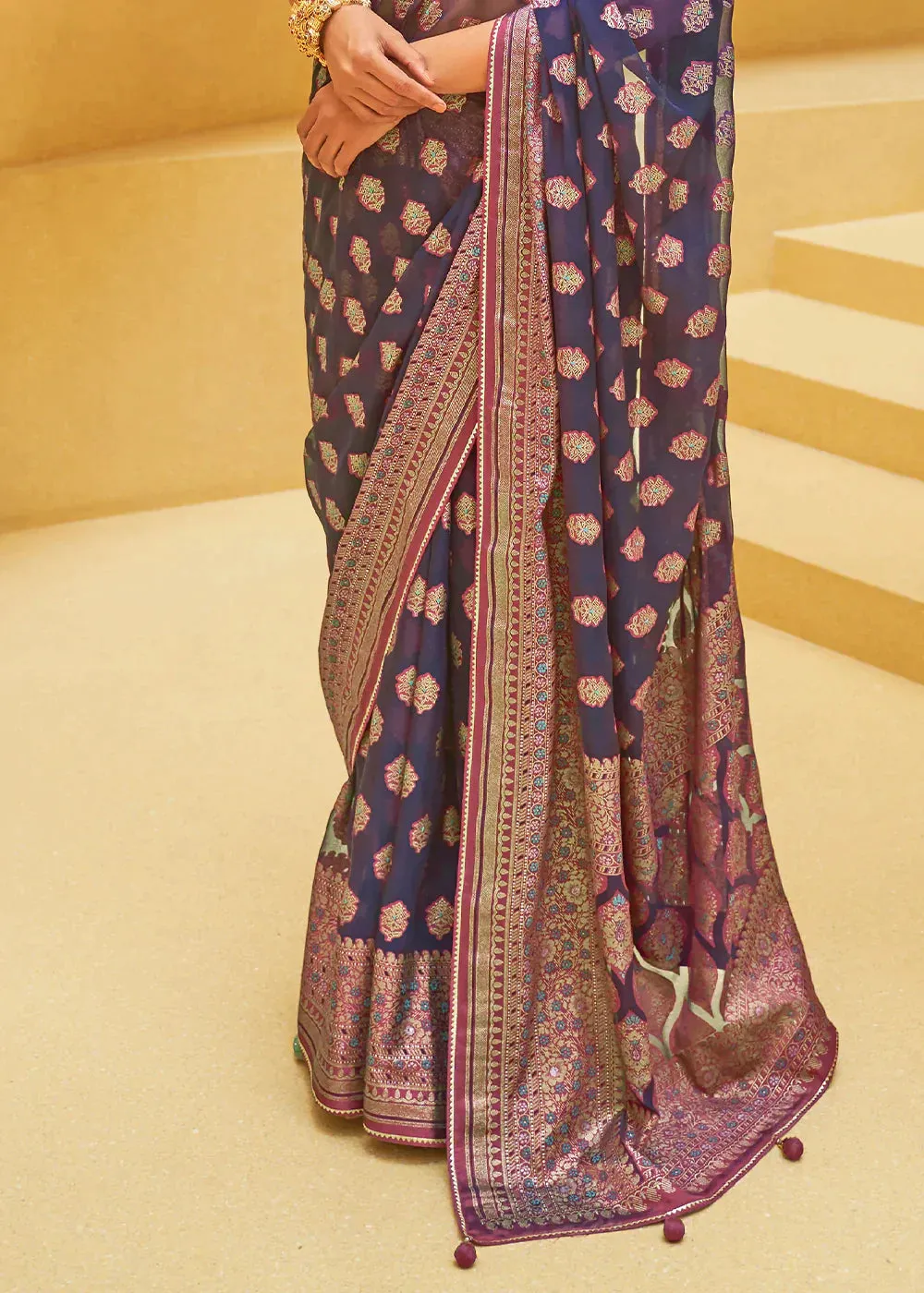 Blue & Purple Zari Woven Brasso Organza Silk Saree