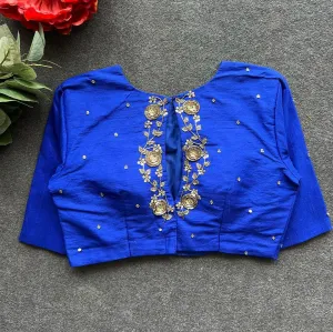 Blue Golden Elegance: Handcrafted Elzara Silk Blouse