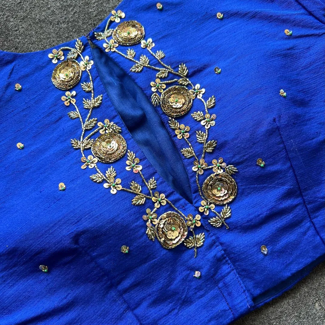 Blue Golden Elegance: Handcrafted Elzara Silk Blouse