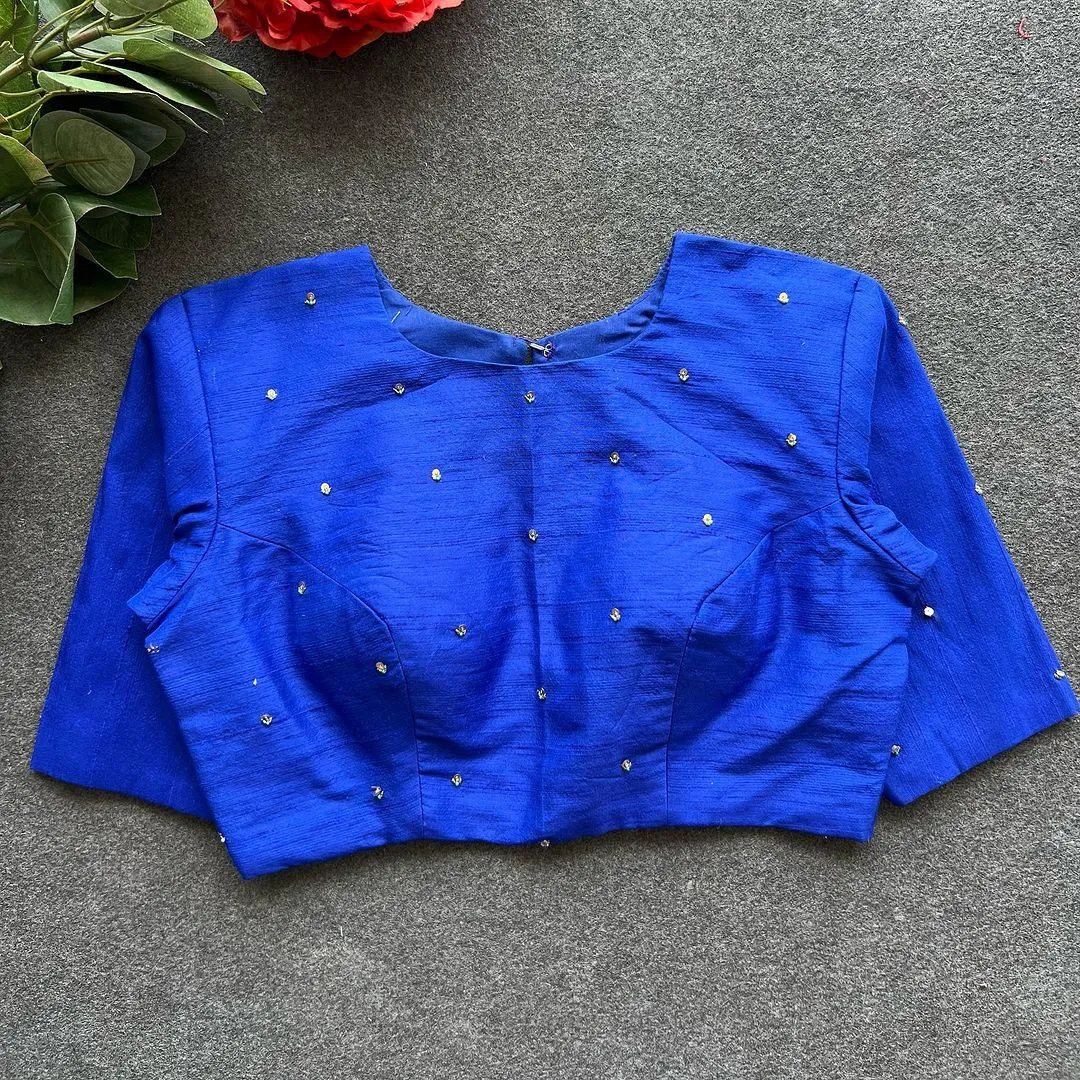 Blue Golden Elegance: Handcrafted Elzara Silk Blouse