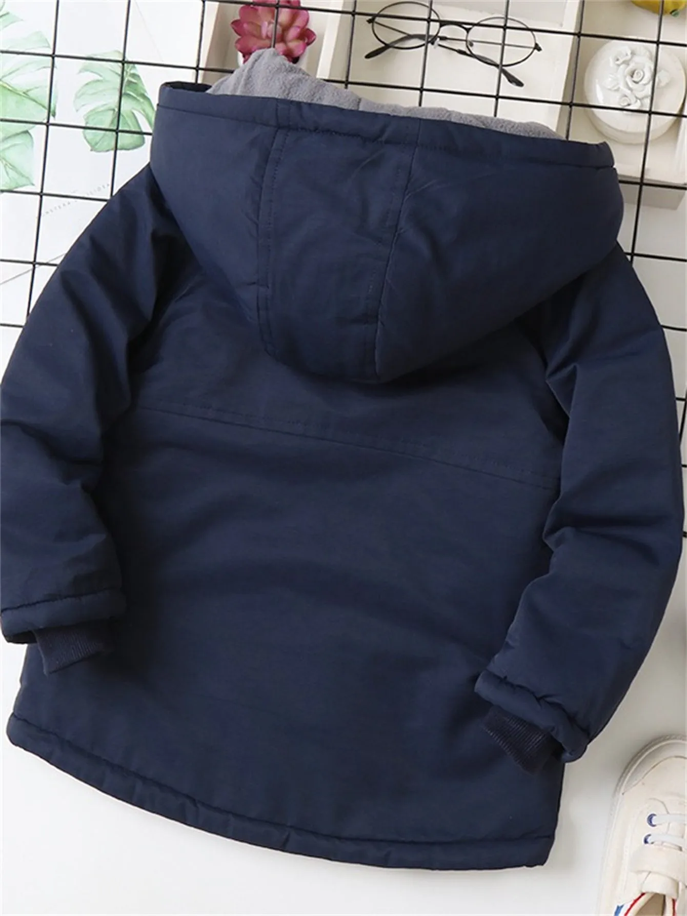 Boys' Thickened Solid Color Thermal Insulation Hooded Cotton Jacket