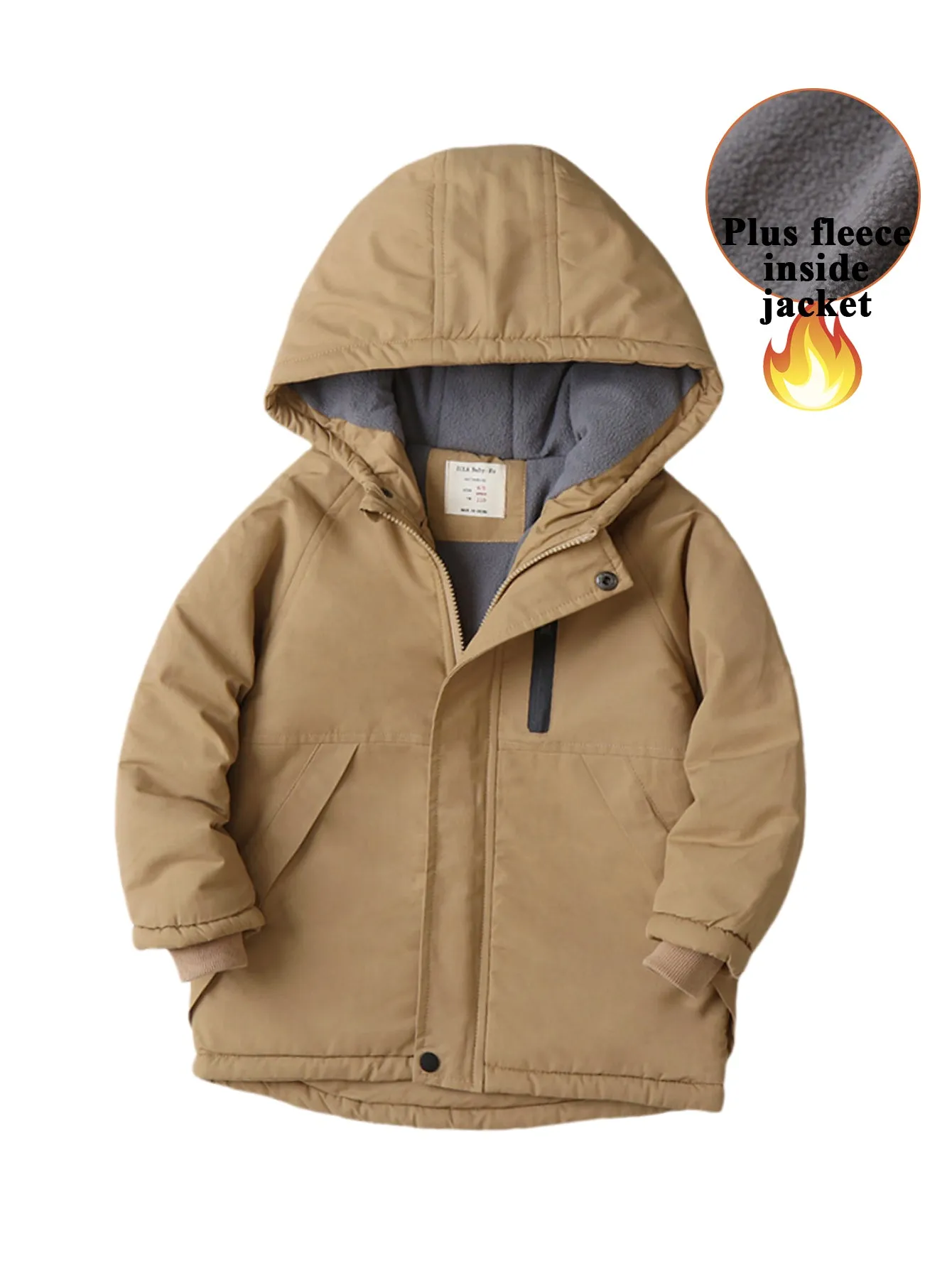 Boys' Thickened Solid Color Thermal Insulation Hooded Cotton Jacket