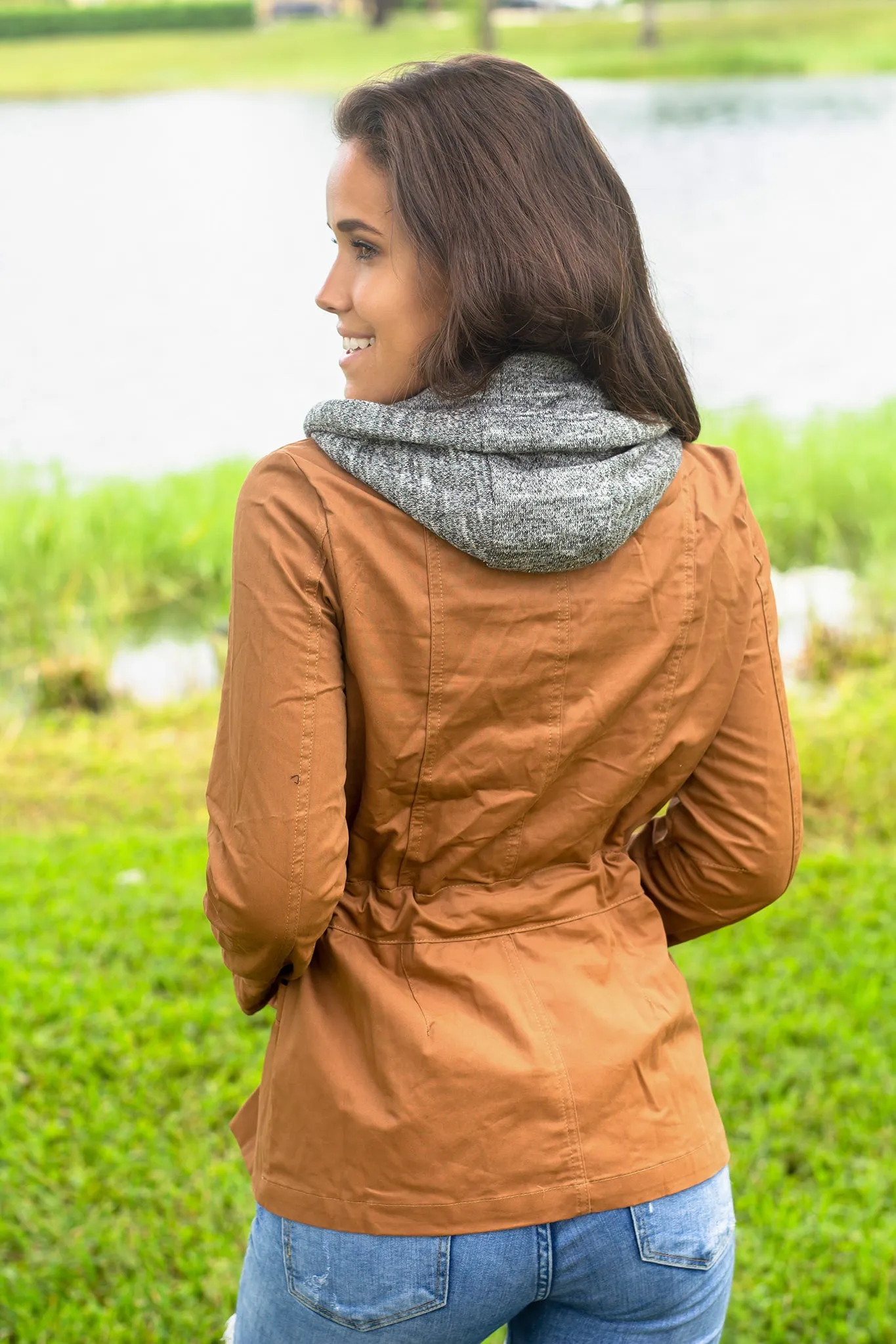 Camel Jacket with Gray Hood And Pockets