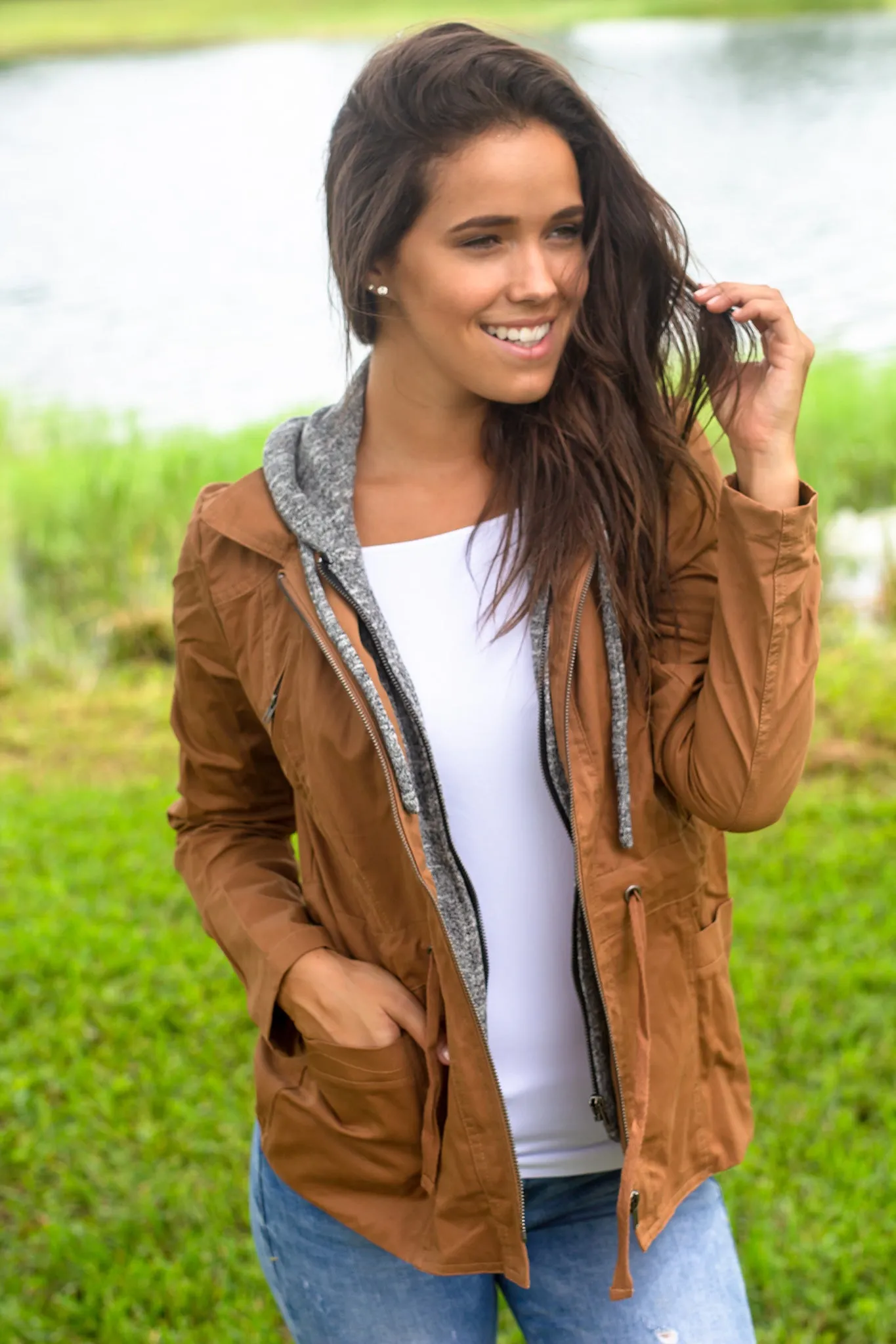 Camel Jacket with Gray Hood And Pockets