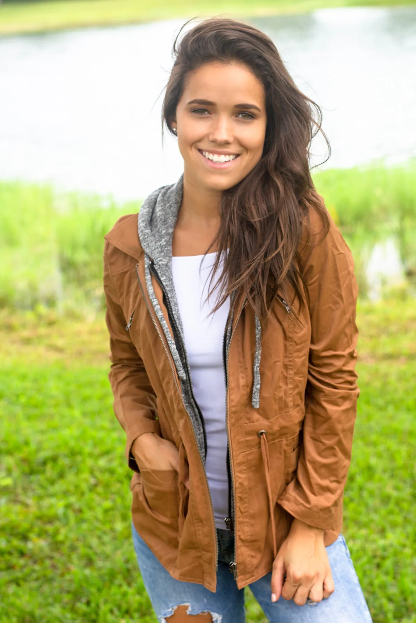 Camel Jacket with Gray Hood And Pockets