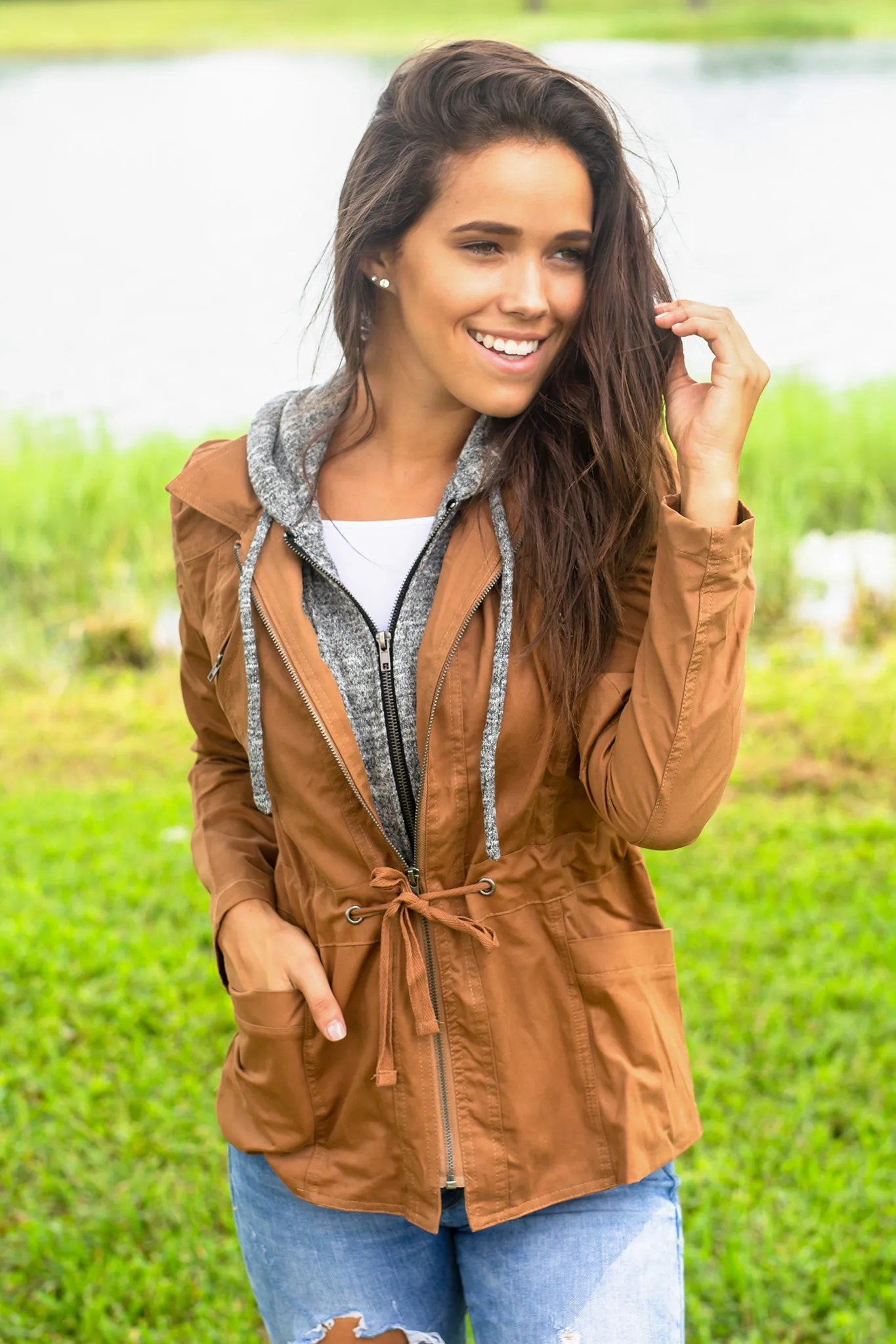 Camel Jacket with Gray Hood And Pockets