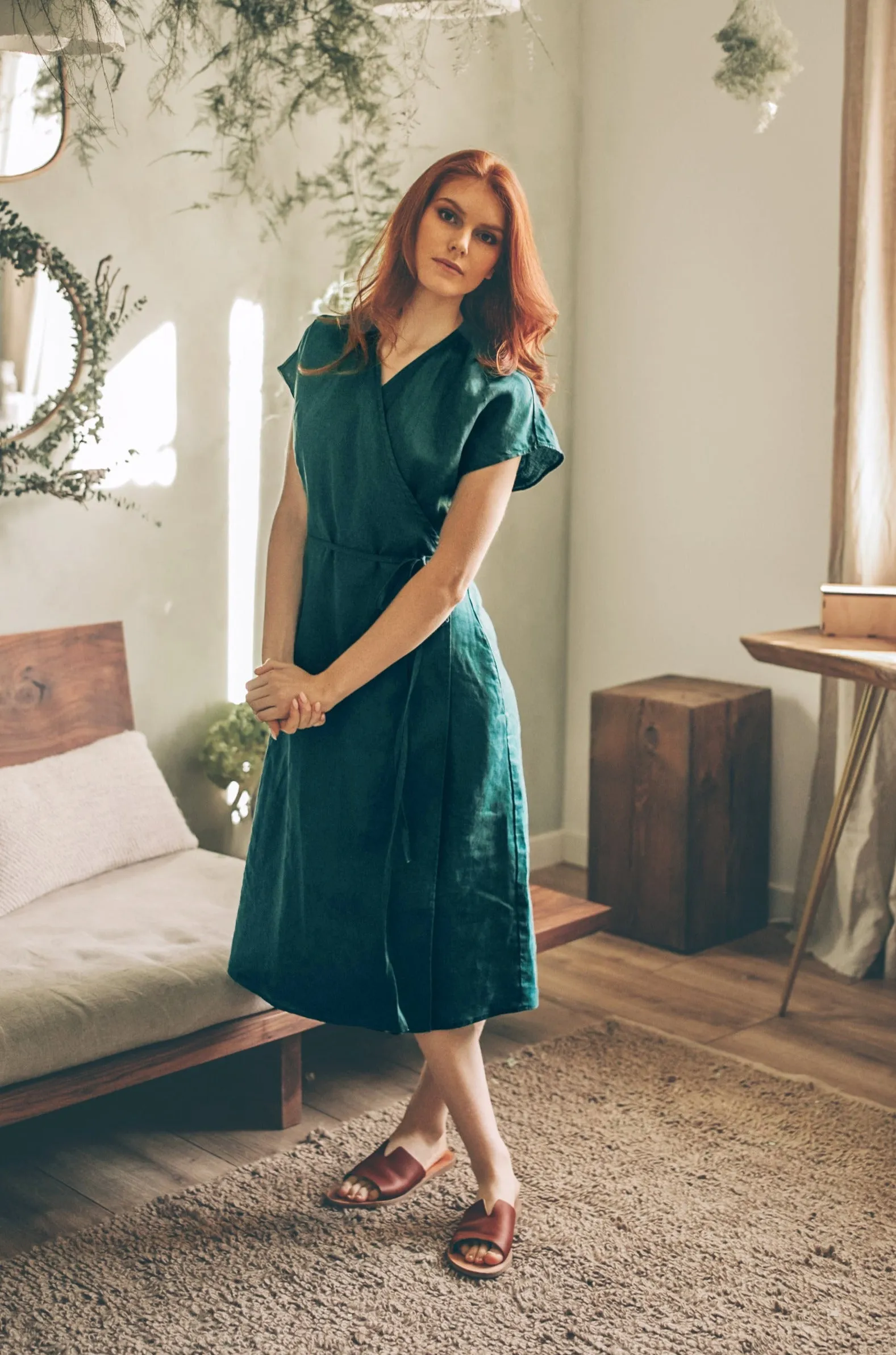 Cap Sleeve Linen Wrap Dress