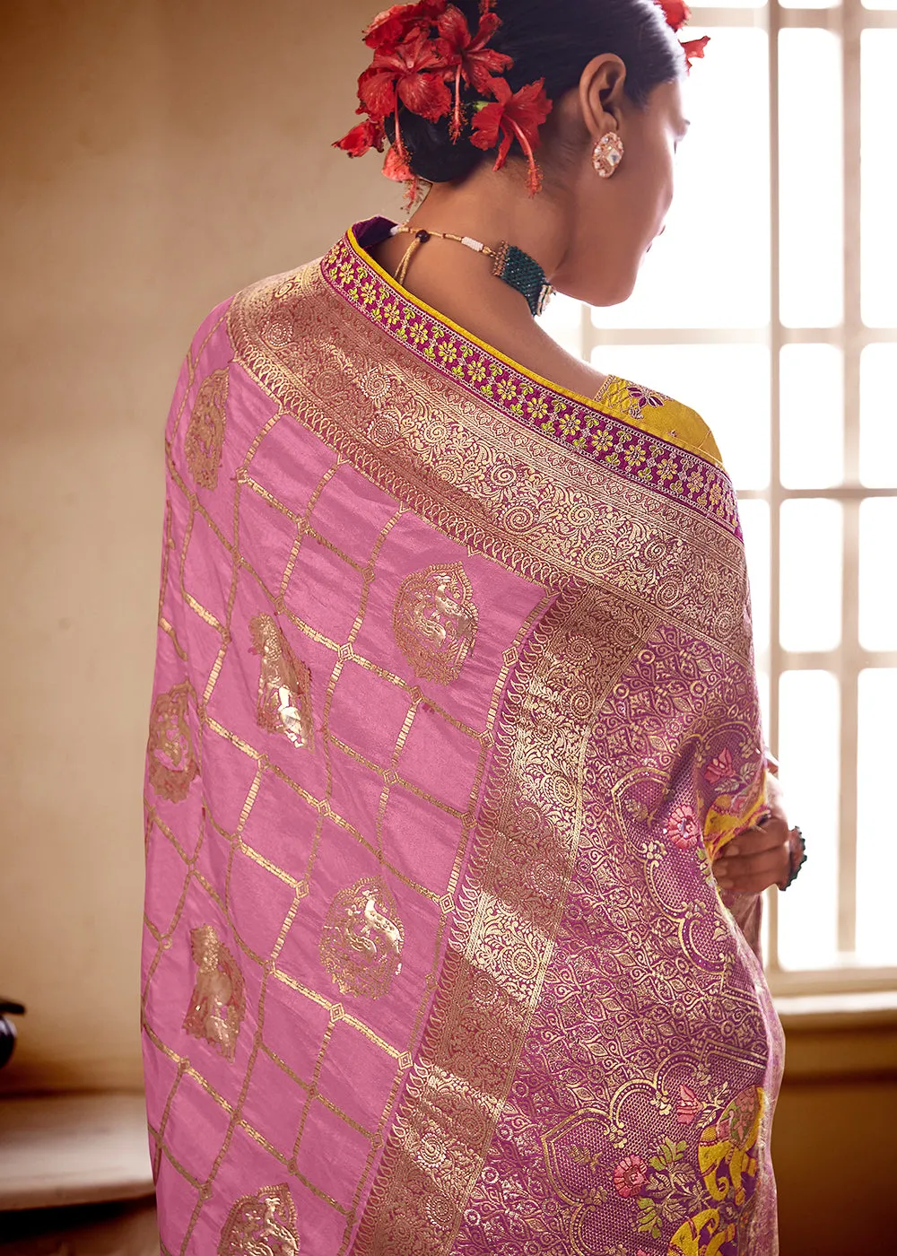 Cherry Pink Woven Dola Silk Saree with Contrast Embroidered Border