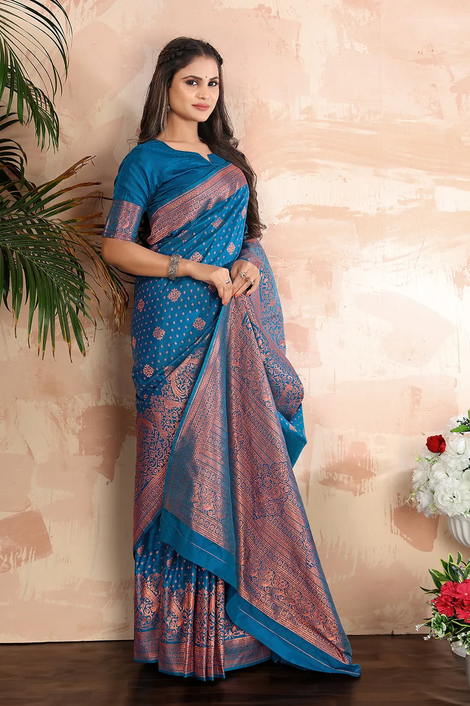 Cobalt blue woven banarasi silk traditional saree