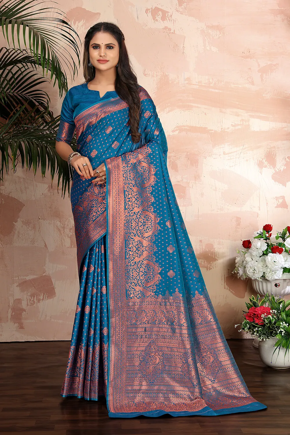 Cobalt blue woven banarasi silk traditional saree