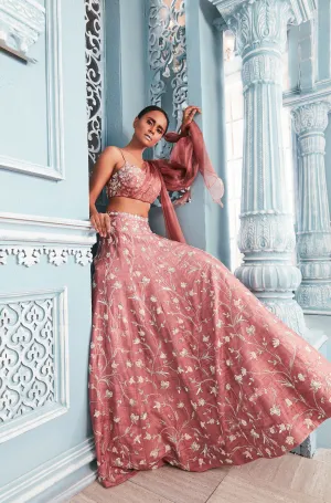 Corset blouse with organza sleeve and full embellished lehenga set