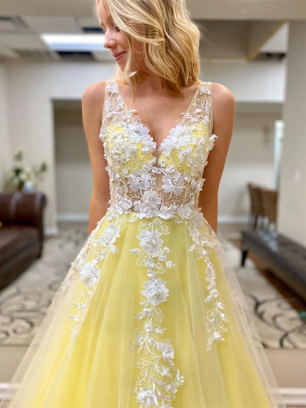 Custom Made V Neck White Lace Appliques Yellow Long Prom, Yellow Lace Formal Graduation Evening