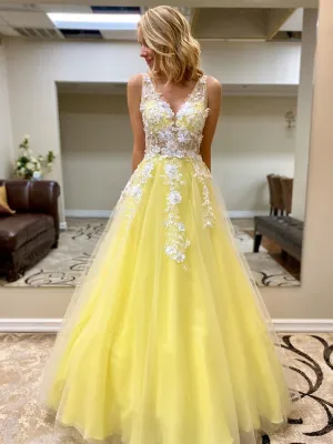 Custom Made V Neck White Lace Appliques Yellow Long Prom, Yellow Lace Formal Graduation Evening