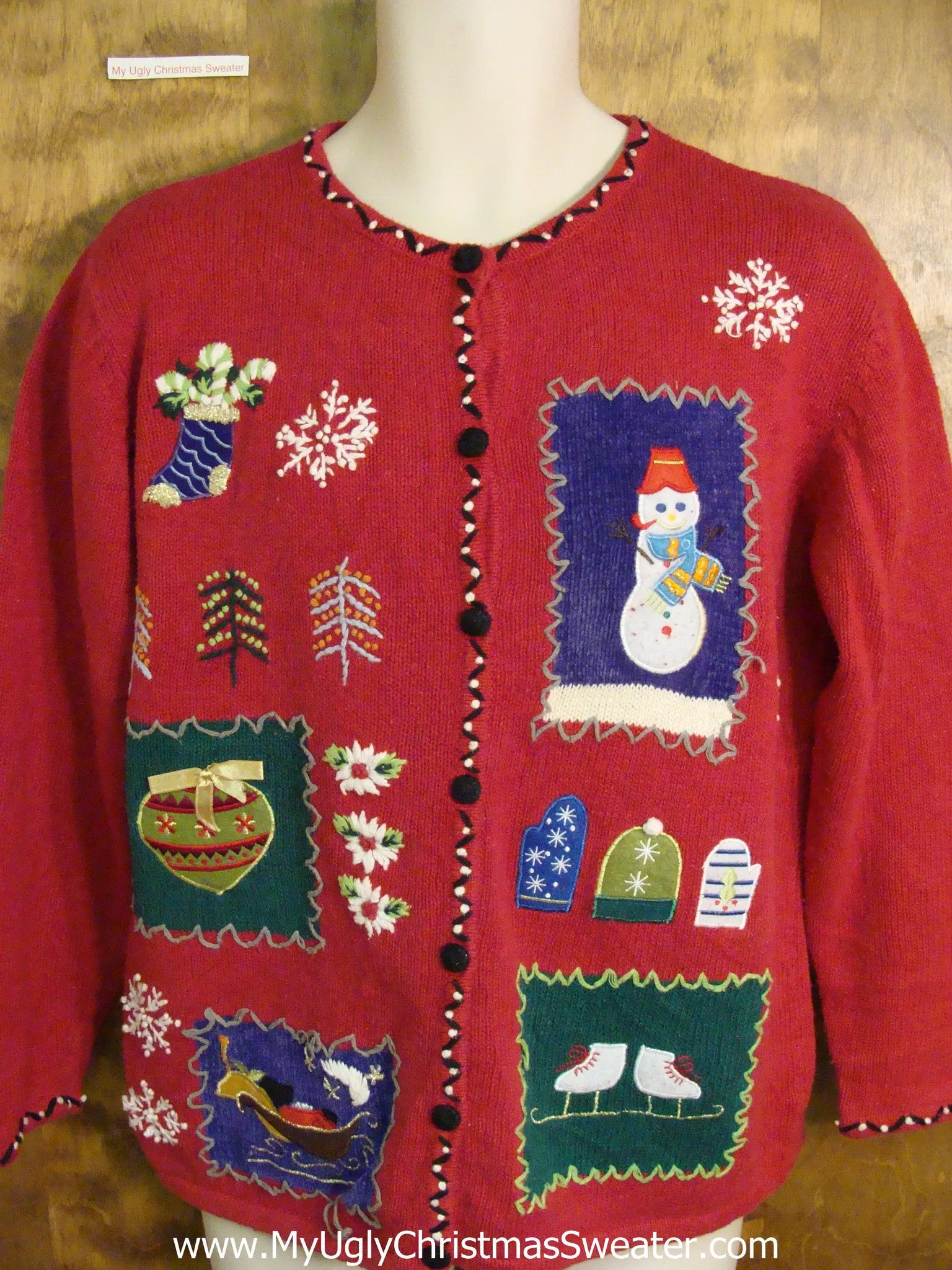 Cute Red Xmas Sweater with Snowman and Ice Skates