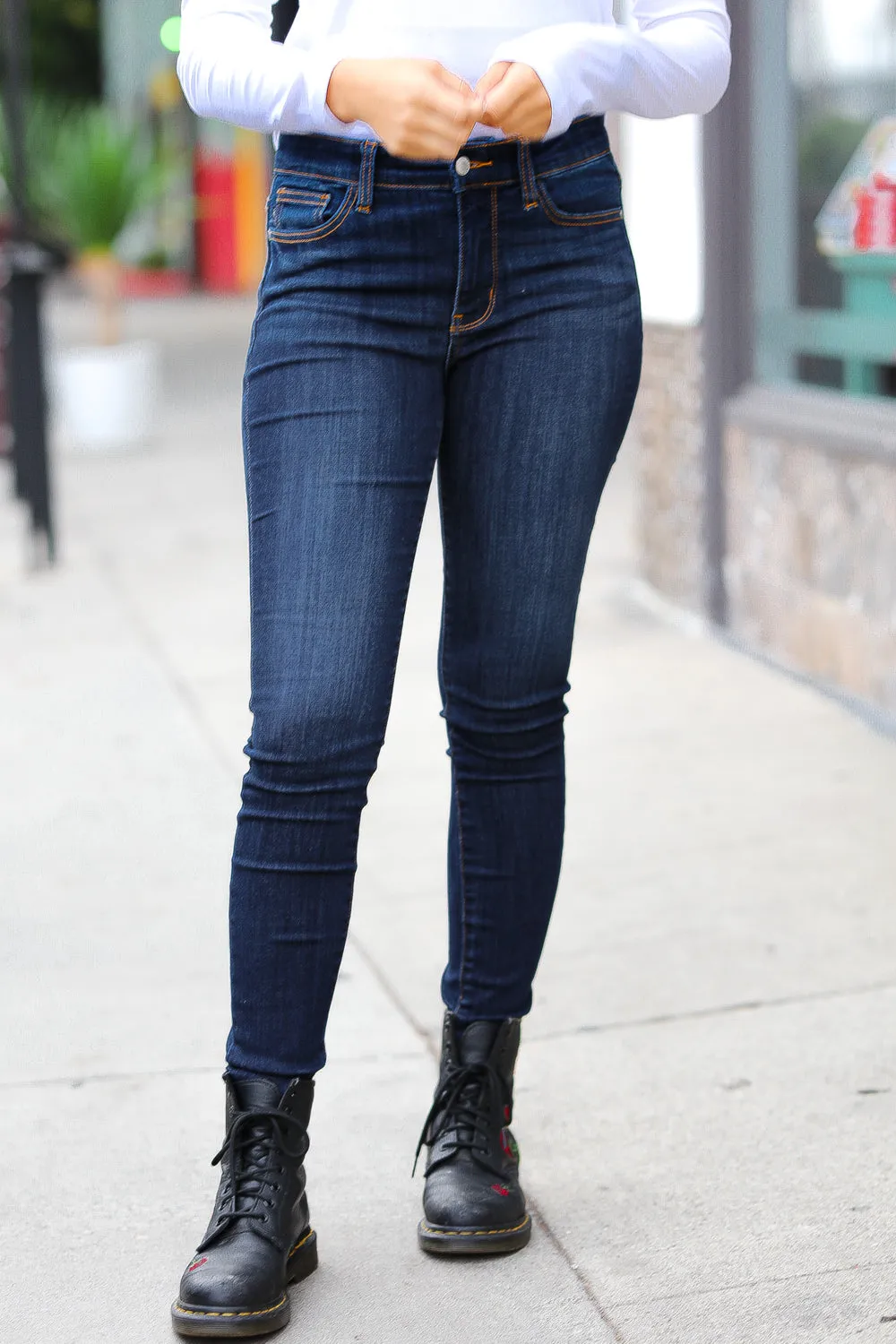 Dark Blue Denim Raw Hem Mid Rise Jeans