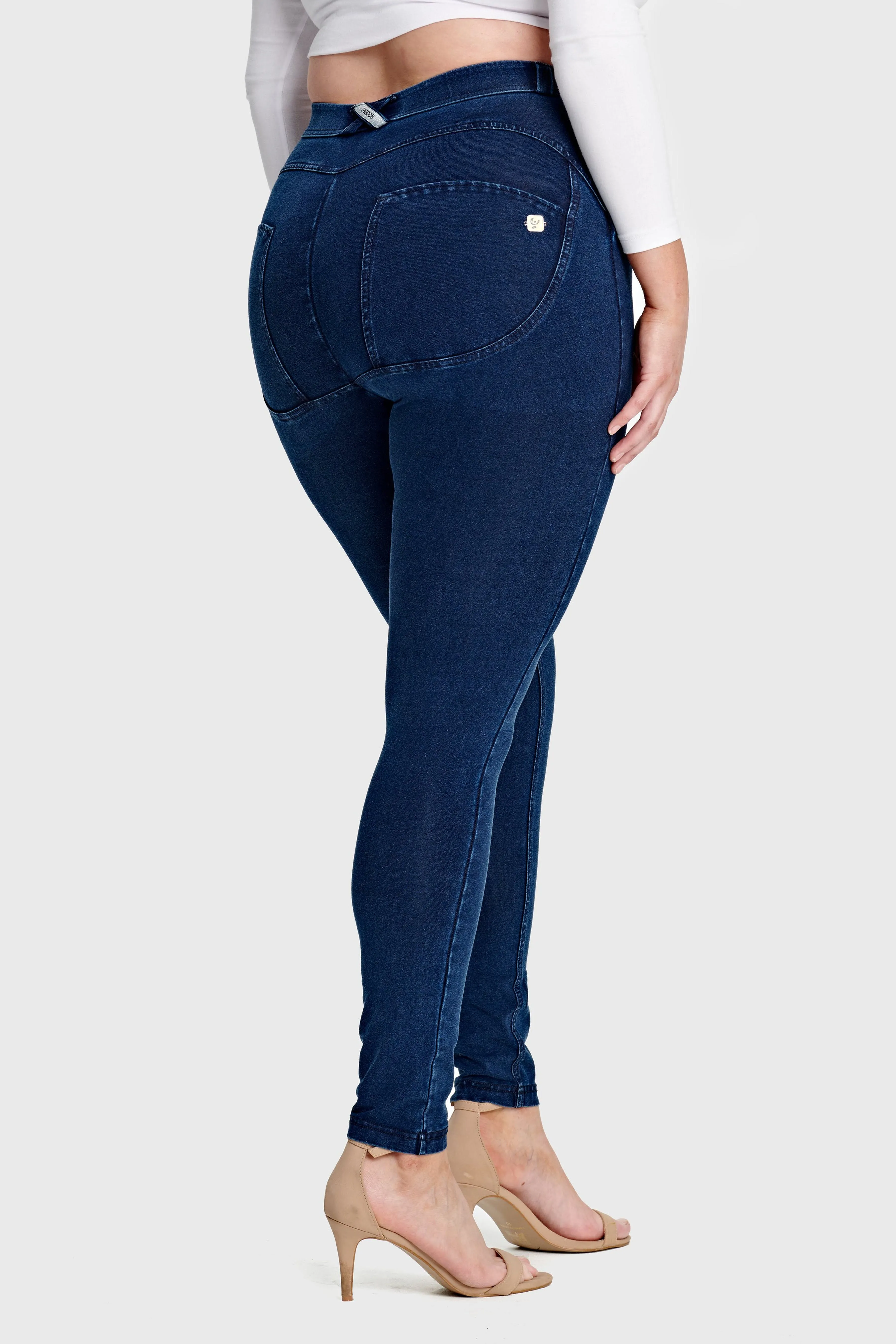 Dark Denim Curvy Fit Mid-Rise Full-Length Pants – Blue Stitch Detail