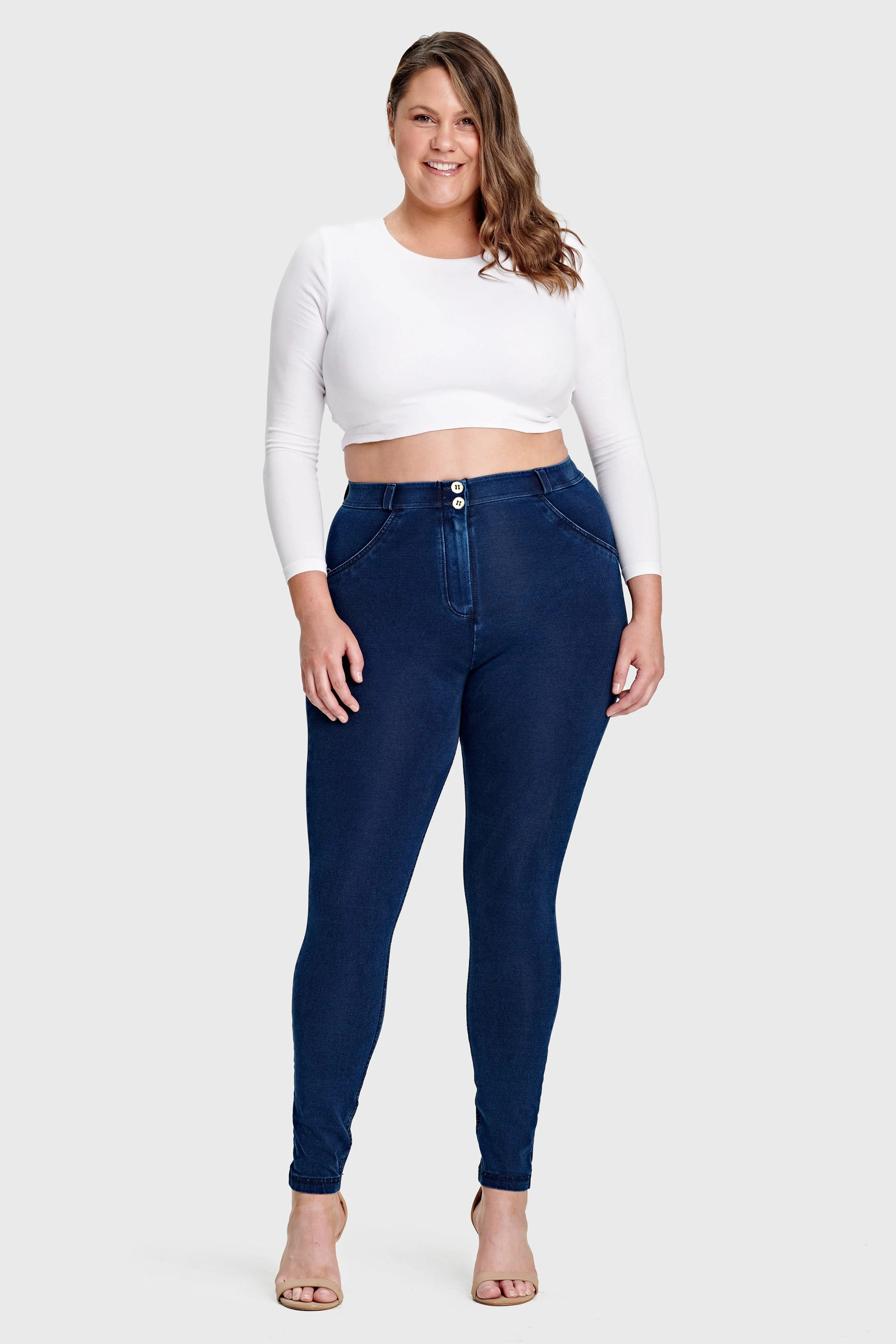 Dark Denim Curvy Fit Mid-Rise Full-Length Pants – Blue Stitch Detail