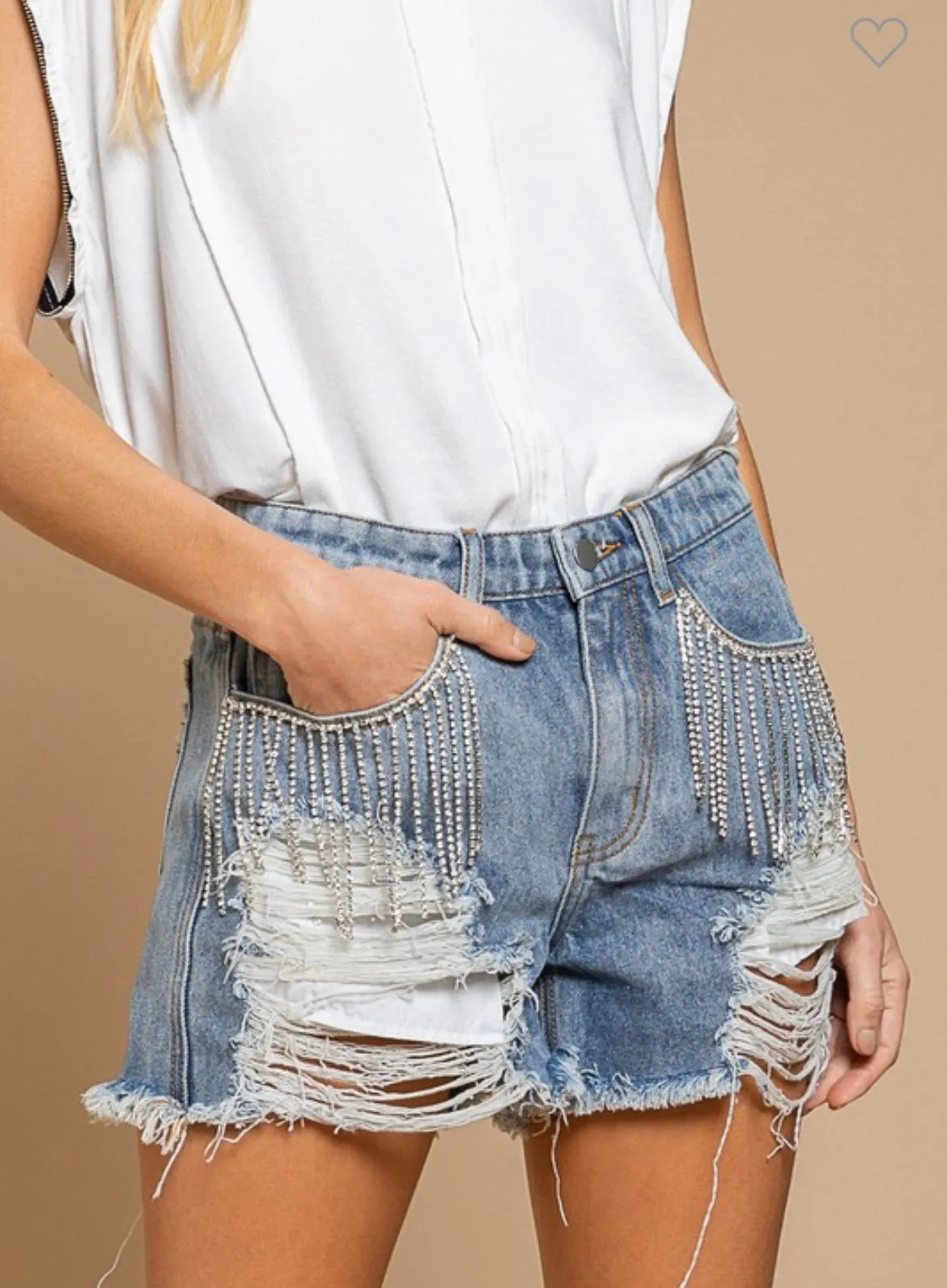 Denim Rhinestone Fringe  Shorts