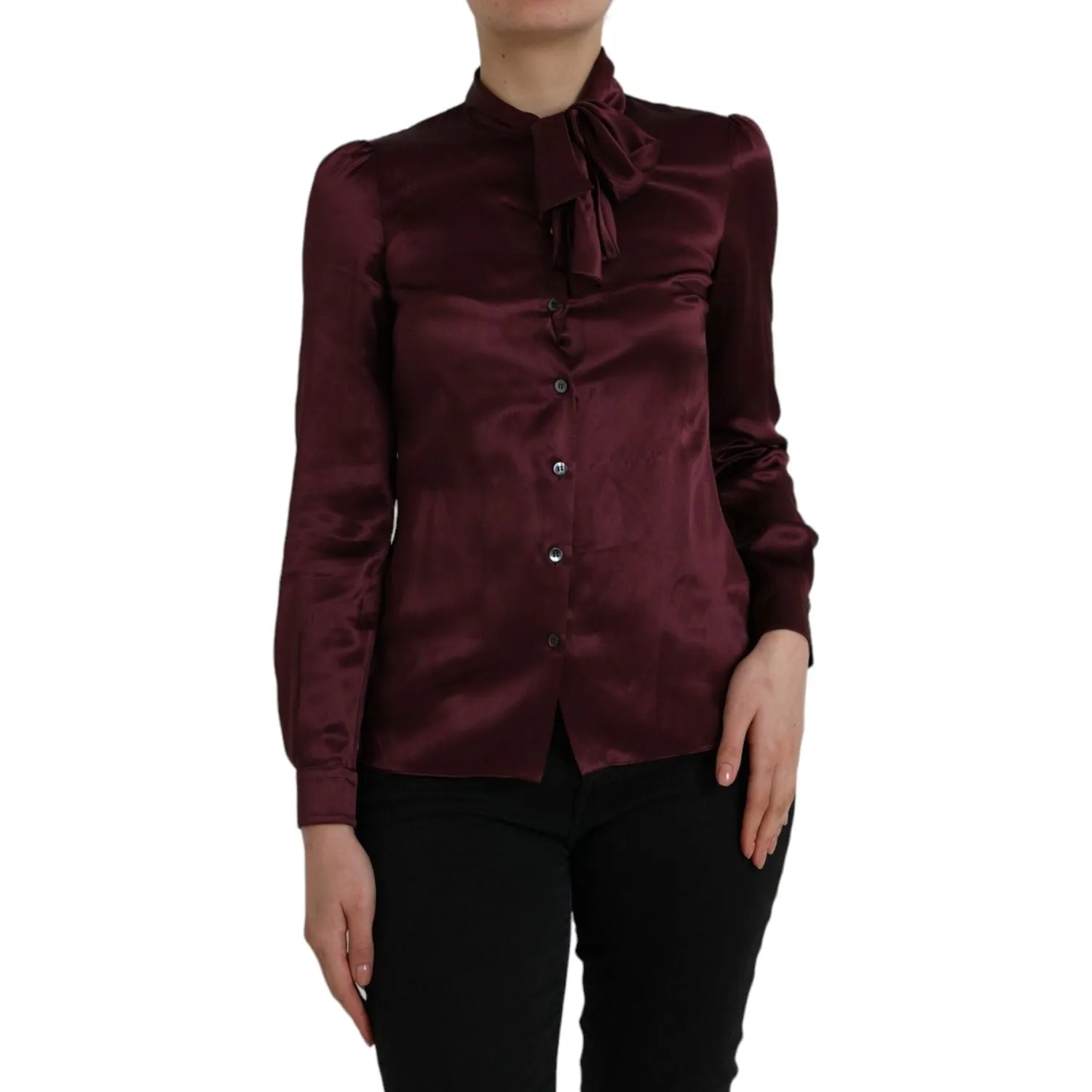 Dolce & Gabbana Maroon Ascot Collar Long Sleeve Top Blouse