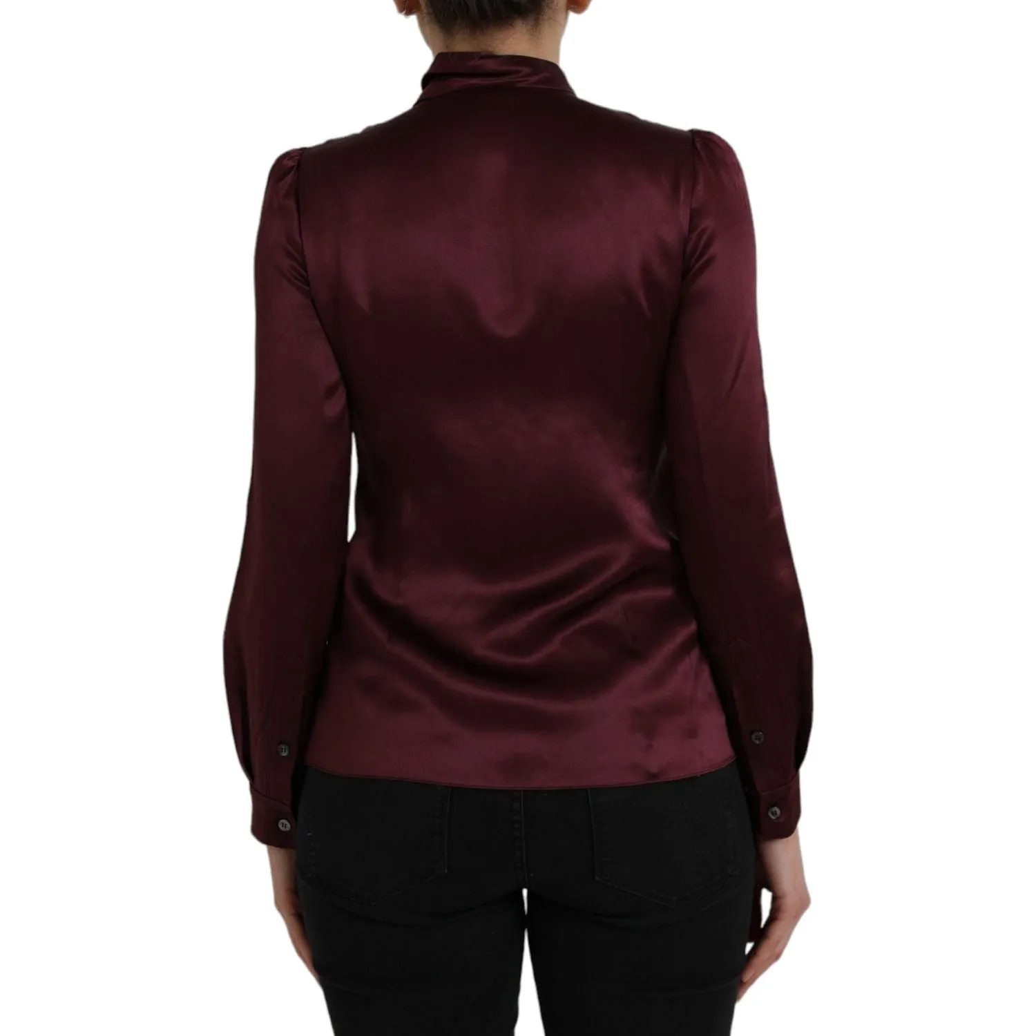 Dolce & Gabbana Maroon Ascot Collar Long Sleeve Top Blouse