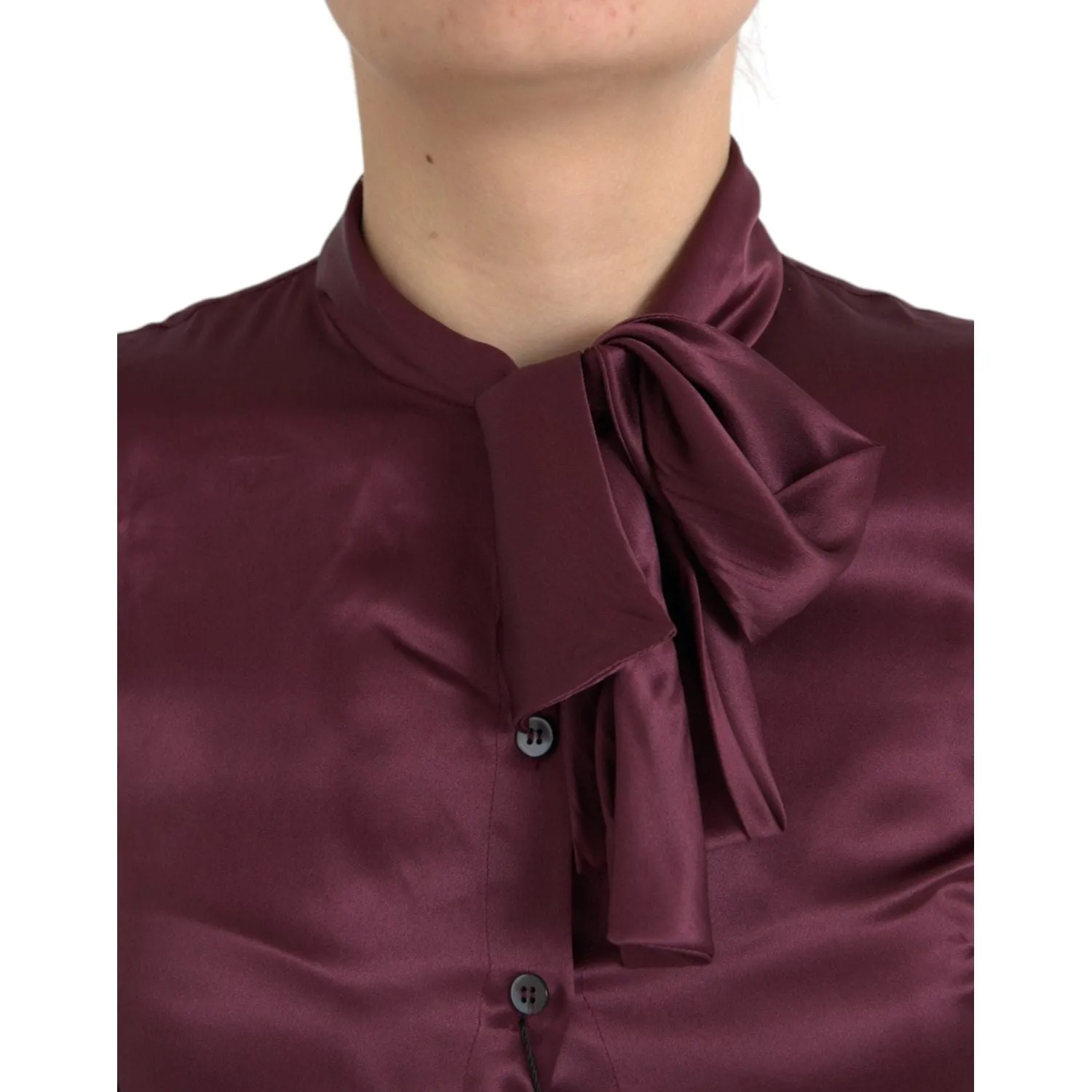 Dolce & Gabbana Maroon Ascot Collar Long Sleeve Top Blouse