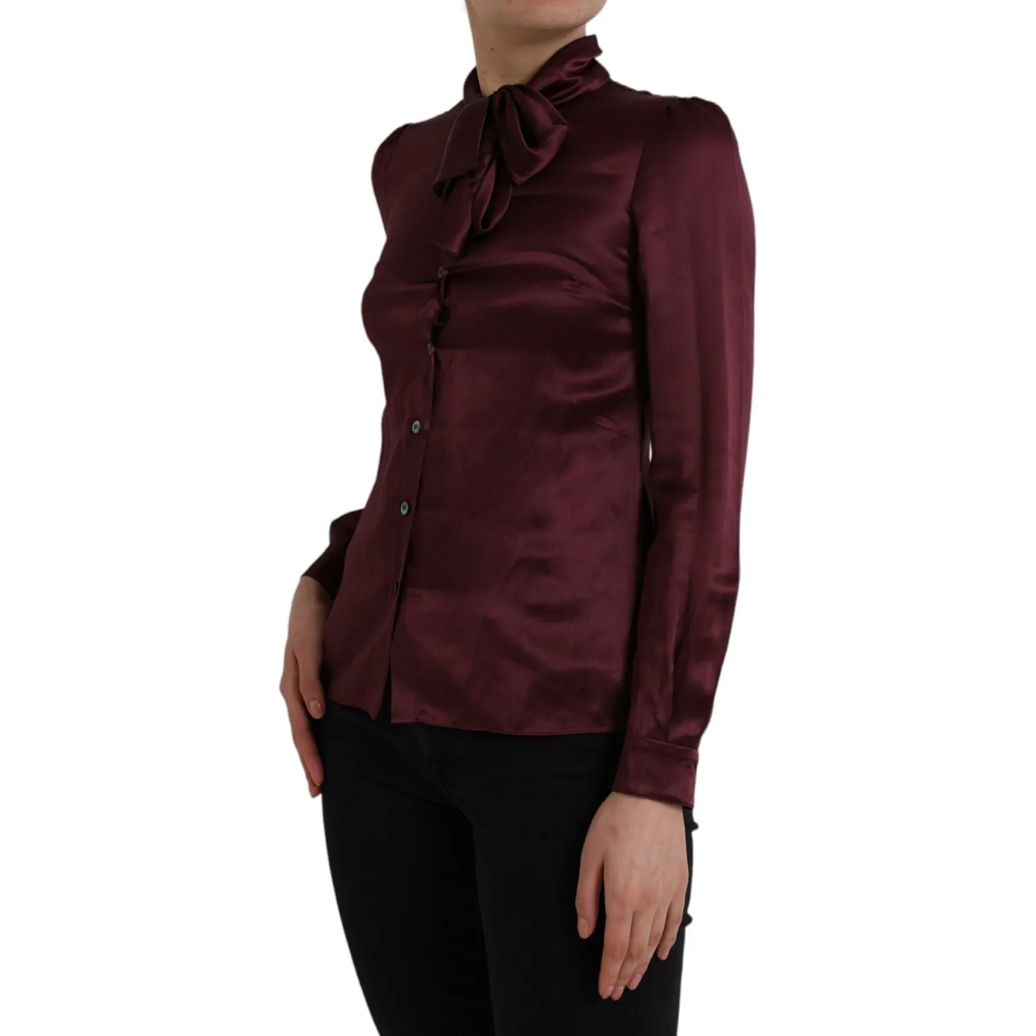 Dolce & Gabbana Maroon Ascot Collar Long Sleeve Top Blouse