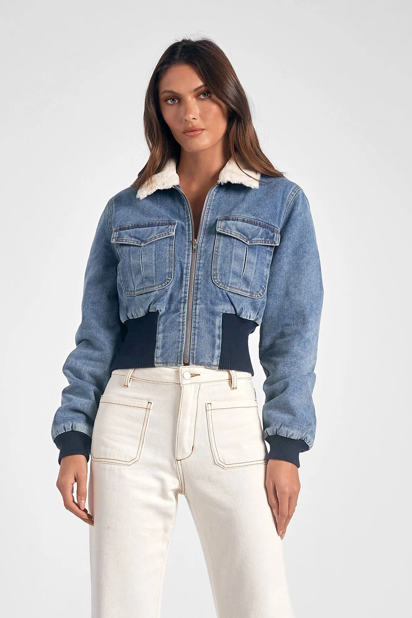 Elan Denim Bomber Jacket with Faux Fur Collar