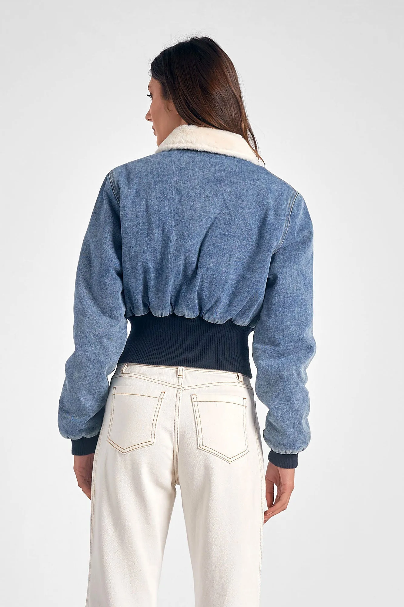 Elan Denim Bomber Jacket with Faux Fur Collar