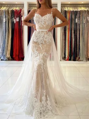 Elegant V Neck Mermaid Open Back Champagne Lace long Prom Dresses, Champagne Lace Formal Graduation Evening Dresses