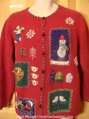 Funny Christmas Sweater Red Cardigan with Crafty Trim