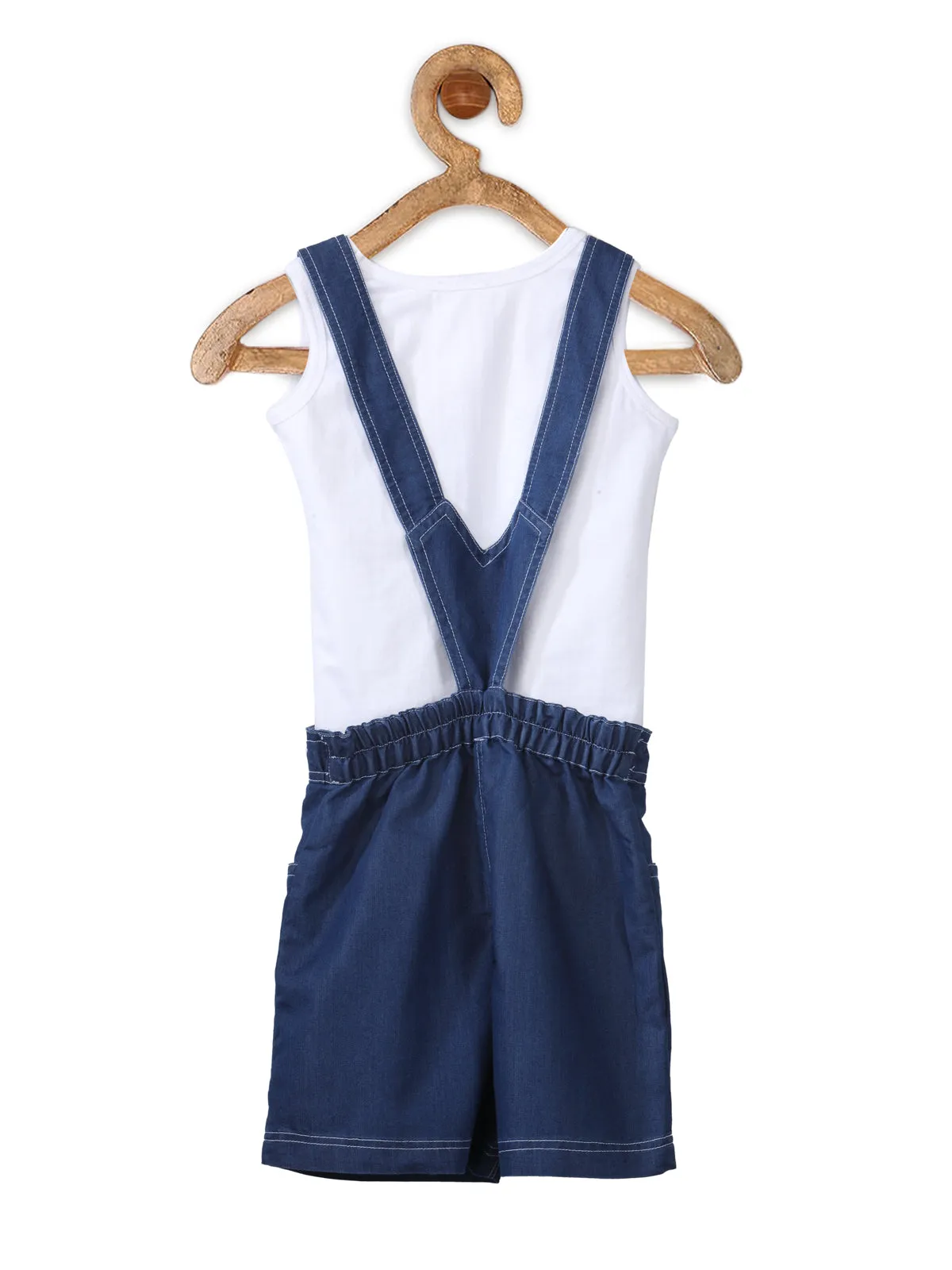 Girl's  Denim Dungaree Shorts With White Bow And White Sleveless Top - StyleStone Kid