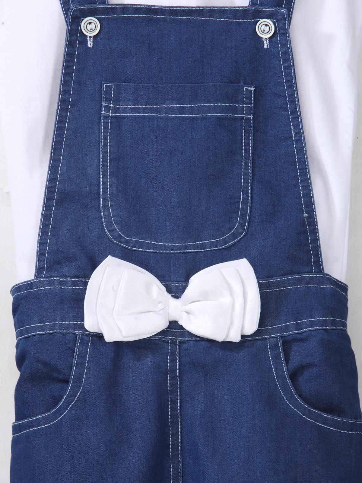 Girl's  Denim Dungaree Shorts With White Bow And White Sleveless Top - StyleStone Kid