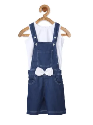 Girl's  Denim Dungaree Shorts With White Bow And White Sleveless Top - StyleStone Kid