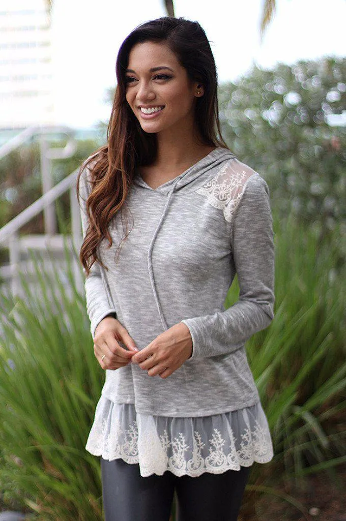 Gray Hoodie With Lace Trim