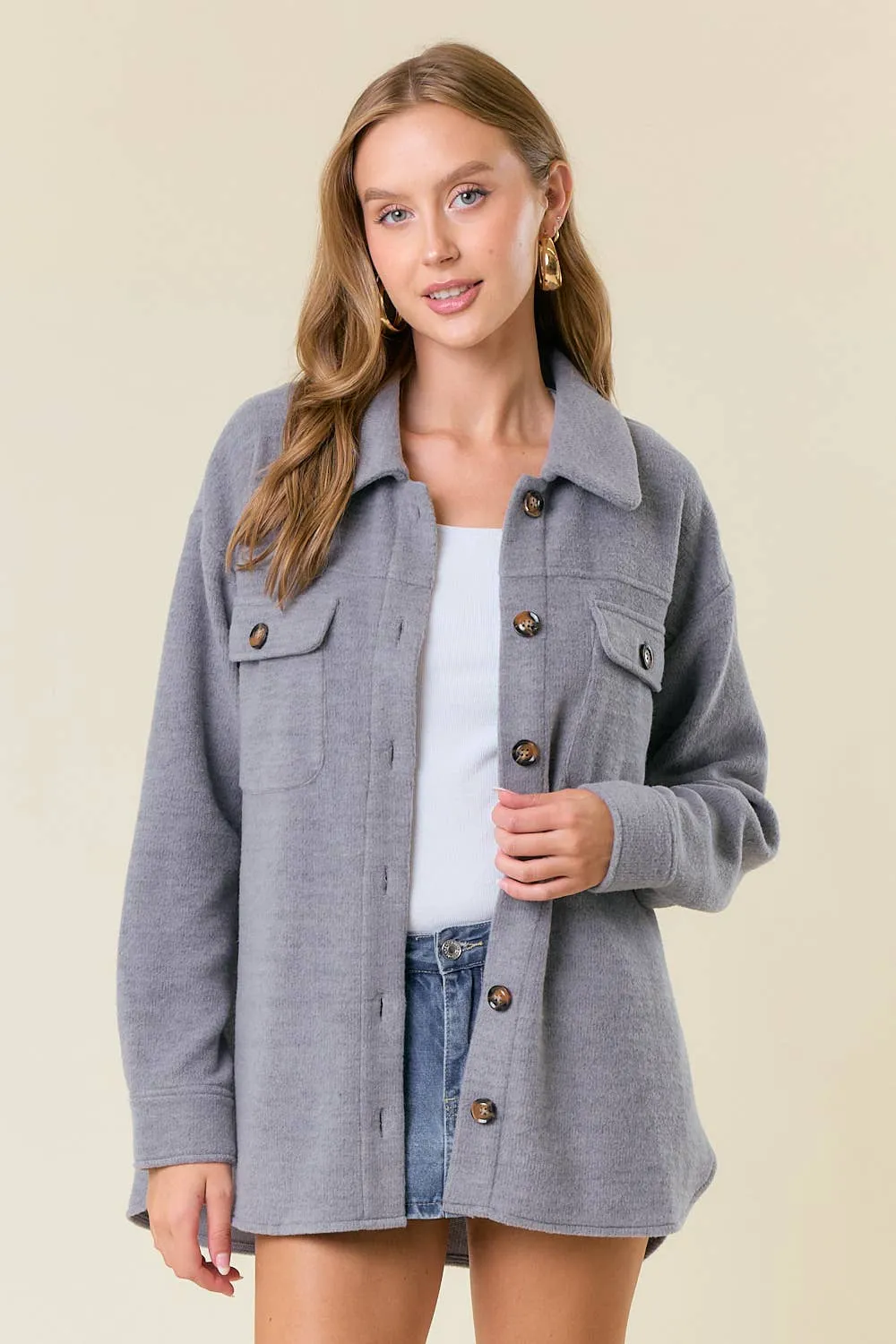 Grey Fleece Button-Down Shacket