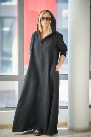 Hooded Linen Kaftan Dress